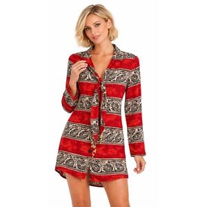 Kelly Stevens‎ Vintage Dress Paisley Print Tie Neck Beads Red Beige SZ S/M